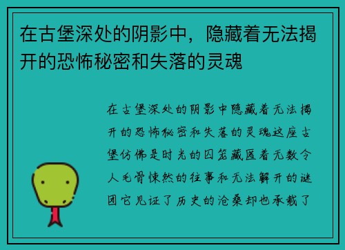 在古堡深处的阴影中，隐藏着无法揭开的恐怖秘密和失落的灵魂